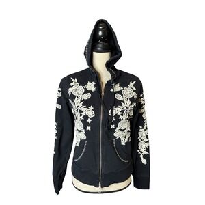 Adiktd Womens Black Floral Embroidered Full Zip Hoodie Sweatshirt Large
